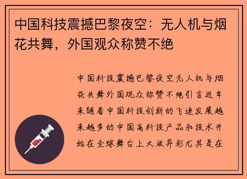 中国科技震撼巴黎夜空：无人机与烟花共舞，外国观众称赞不绝