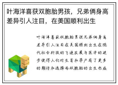 叶海洋喜获双胞胎男孩，兄弟俩身高差异引人注目，在美国顺利出生