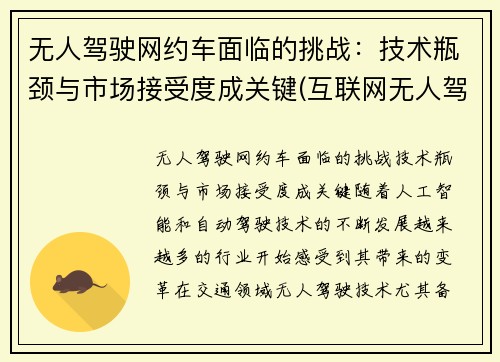 无人驾驶网约车面临的挑战：技术瓶颈与市场接受度成关键(互联网无人驾驶)