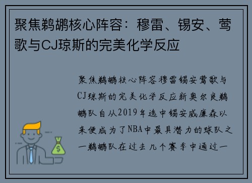 聚焦鹈鹕核心阵容：穆雷、锡安、莺歌与CJ琼斯的完美化学反应
