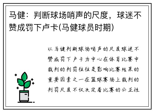 马健：判断球场哨声的尺度，球迷不赞成罚下卢卡(马健球员时期)