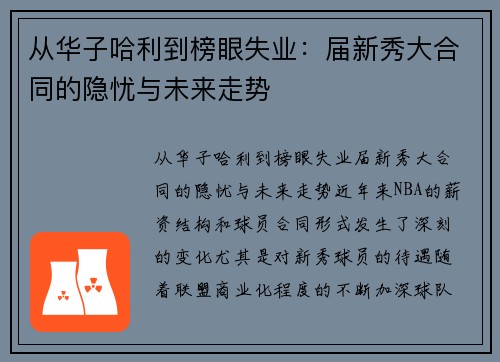 从华子哈利到榜眼失业：届新秀大合同的隐忧与未来走势