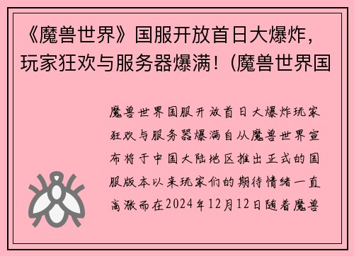 《魔兽世界》国服开放首日大爆炸，玩家狂欢与服务器爆满！(魔兽世界国服现状)