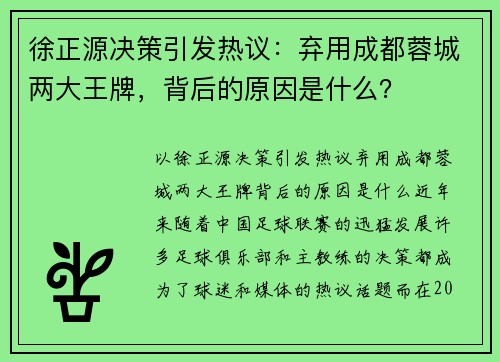 徐正源决策引发热议：弃用成都蓉城两大王牌，背后的原因是什么？