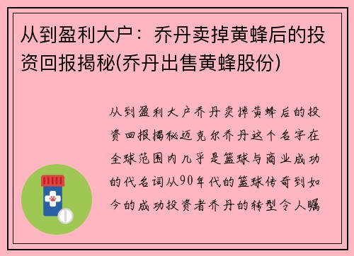 从到盈利大户：乔丹卖掉黄蜂后的投资回报揭秘(乔丹出售黄蜂股份)