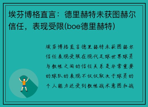 埃芬博格直言：德里赫特未获图赫尔信任，表现受限(boe德里赫特)
