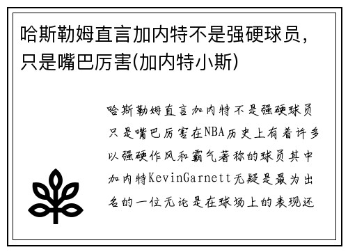 哈斯勒姆直言加内特不是强硬球员，只是嘴巴厉害(加内特小斯)