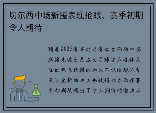 切尔西中场新援表现抢眼，赛季初期令人期待