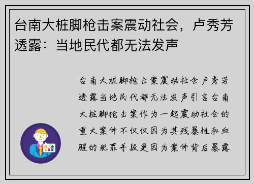 台南大桩脚枪击案震动社会，卢秀芳透露：当地民代都无法发声